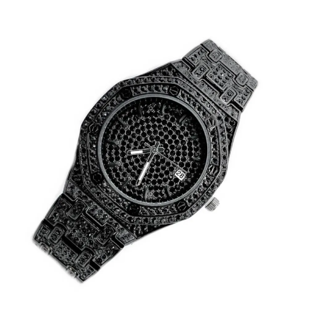 OROLOGIO POLSO ZCC OCTAGON QUARZO ACCIAIO MODA BRILLANTINI DATA ANALOGICO NERO