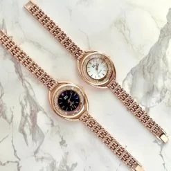 OROLOGIO POLSO ZCC QUARZO DONNA ANALOGICO ACCIAIO BRACCIALE ORO ROSA BRILLANTINI
