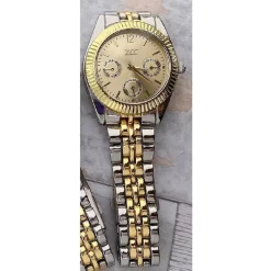 OROLOGIO POLSO ZCC UOMO ANALOGICO CALENDARIO ELEGANTE BICOLORE QUADRANTE DORATO