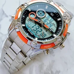 OROLOGIO POLSO ZCC UOMO ANALOGICO DIGITALE CRONOGRAFO MULTIFUNZIONE SILVER ARANCIO