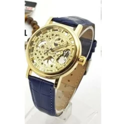 OROLOGIO POLSO ZCC UOMO AUTOMATICO CINTURINO PELLE CASUAL BLU QUADRANTE DORATO