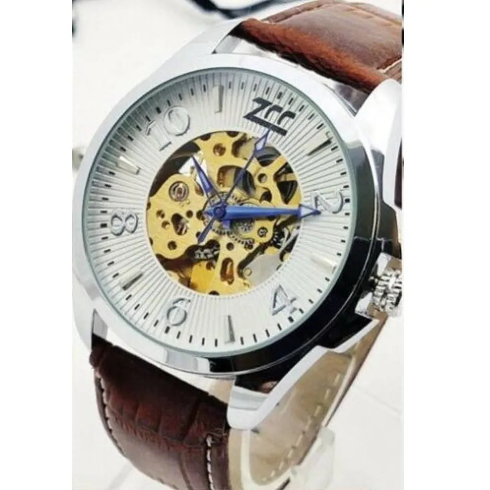 OROLOGIO POLSO ZCC UOMO AUTOMATICO CINTURINO PELLE CASUAL MARRONE SILVER BIANCO