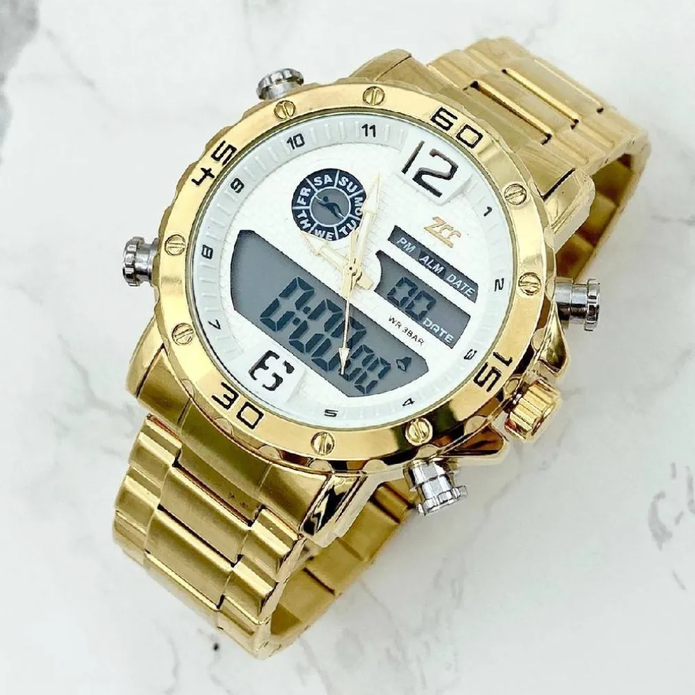 OROLOGIO POLSO ZCC UOMO ACCIAIO DUAL TIME DATA ALLARME IMPERMEABILE DORATO BIANCO