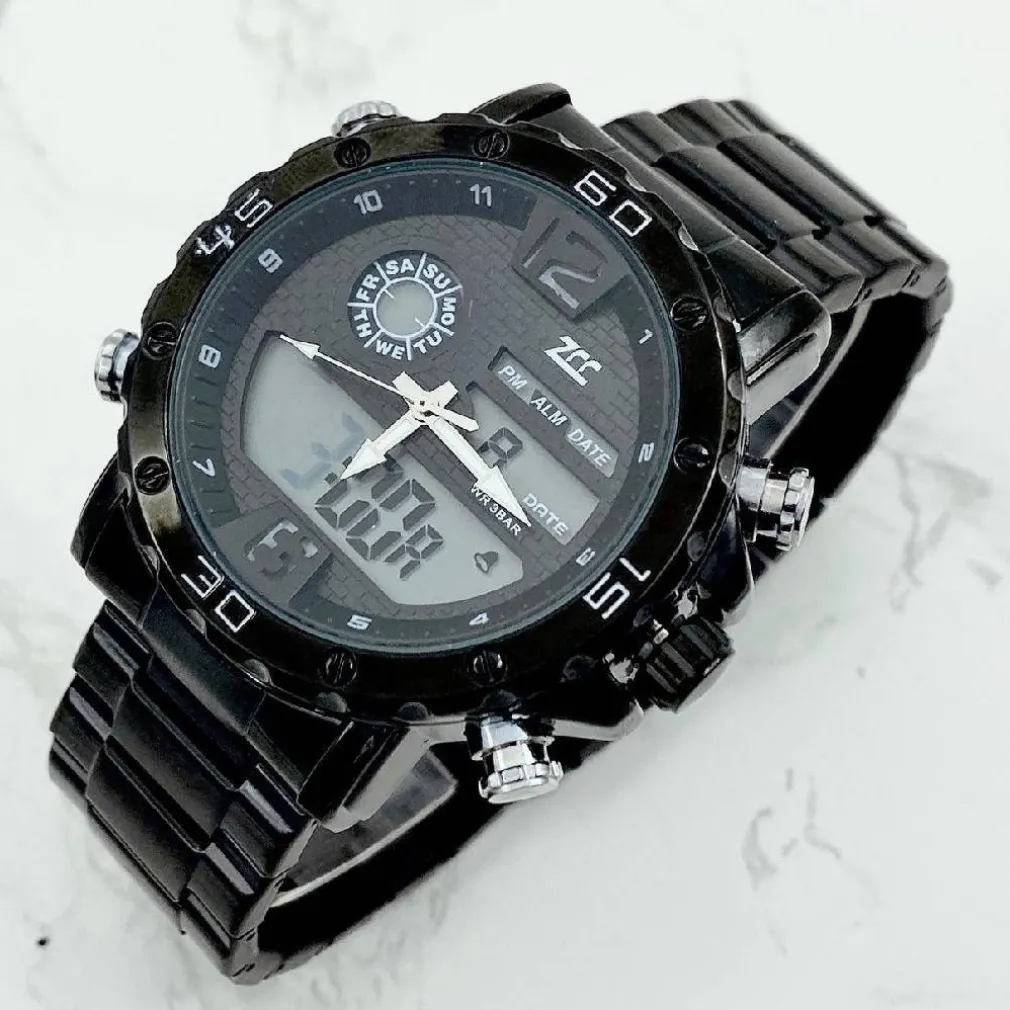 OROLOGIO POLSO ZCC UOMO ACCIAIO DUAL TIME CALENDARIO ALLARME IMPERMEABILE NERO