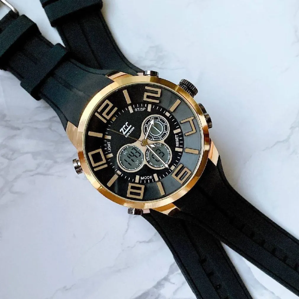 OROLOGIO POLSO ZCC UOMO DUAL TIME ANALOGICO DIGITALE SVEGLIA SPORT DORATO NERO