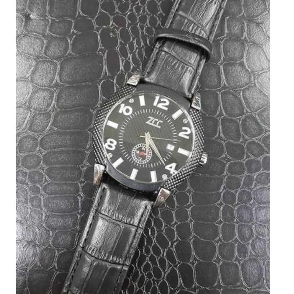 OROLOGIO POLSO ZCC Z002 UOMO COMPASS AUTOMATICO DATA CINTURINO PELLE NERO NERO