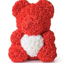 ORSACCHIOTTO ORSETTO ORSO DI ROSE CON FIORI DA 25 CM ROSSO CON CUORE BIANCO