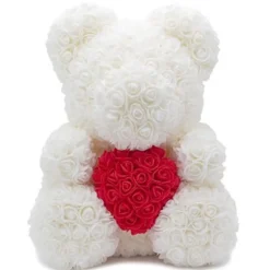 ORSACCHIOTTO ORSETTO ORSO DI ROSE CON FIORI ROSE DA 25CM BIANCO CON CUORE ROSSO