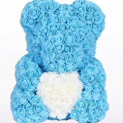 ORSACCHIOTTO ORSETTO ORSO DI ROSE CON FIORI DA 25CM CELESTE CON CUORE BIANCO