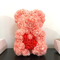 ORSACCHIOTTO ORSETTO ORSO DI ROSE CON FIORI DA 25CM COLORE ROSA CON CUORE ROSSO