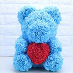 ORSACCHIOTTO ORSETTO ORSO DI ROSE CON FIORI DA 40CM CELESTE CON CUORE ROSSO