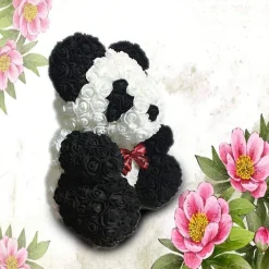 ORSACCHIOTTO ORSETTO PANDA DI ROSE CON FIORI ROSE DA 25CM COLORE BIANCO E NERO