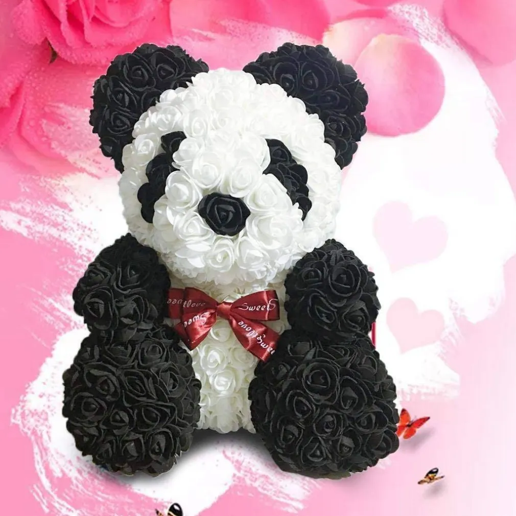 ORSACCHIOTTO ORSETTO PANDA DI ROSE CON FIORI ROSE DA 25CM COLORE BIANCO E NERO