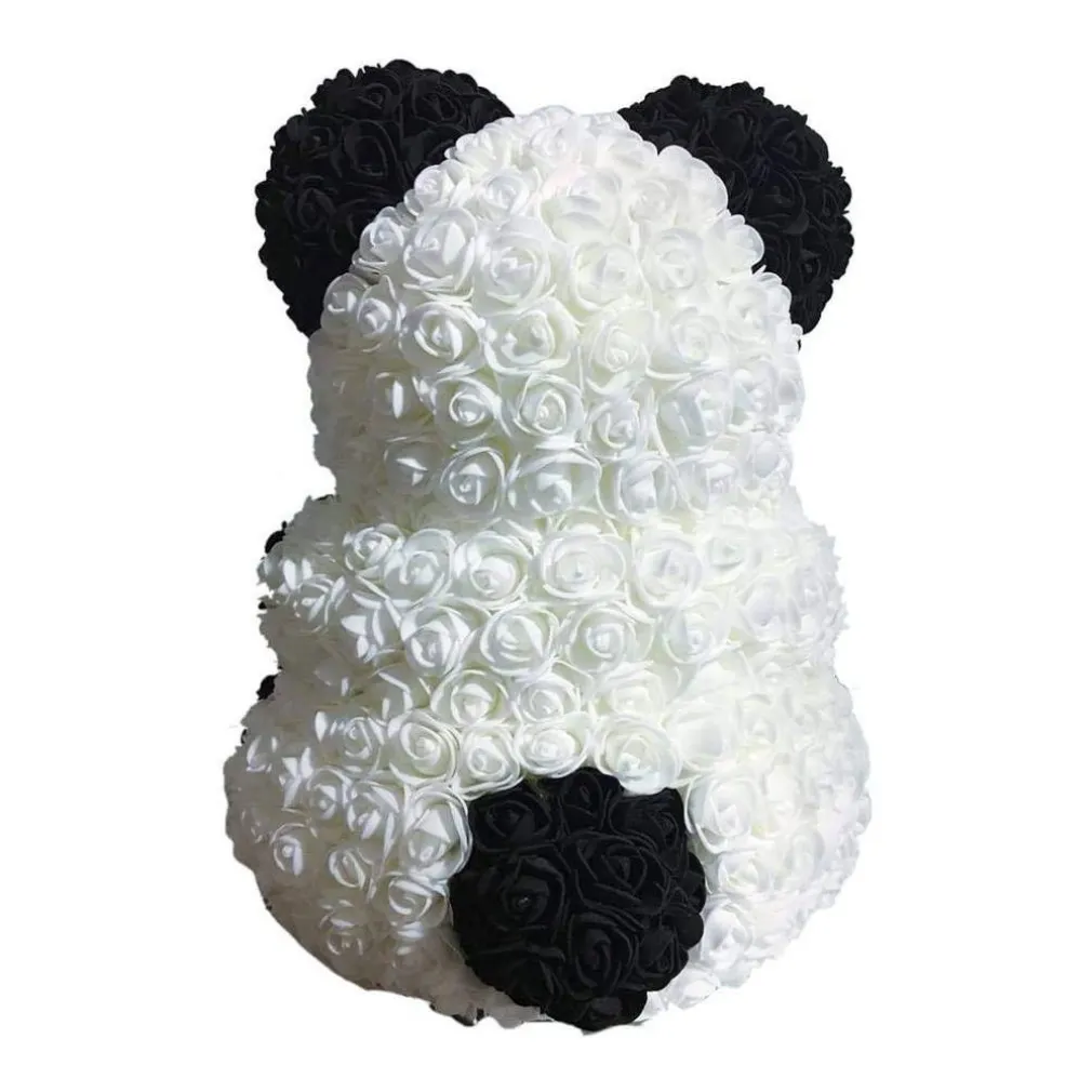 ORSACCHIOTTO ORSETTO PANDA DI ROSE CON FIORI ROSE DA 25CM COLORE BIANCO E NERO
