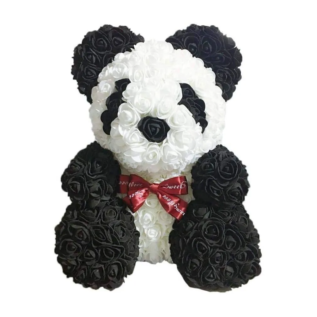 ORSACCHIOTTO ORSETTO PANDA DI ROSE CON FIORI ROSE DA 25CM COLORE BIANCO E NERO