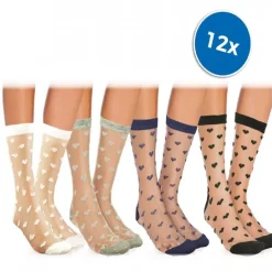 PACK DA 12 PAIA CALZINI DA DONNA W-8003 MOD. LOVELY COLORI ASSORTITI CON CUORI