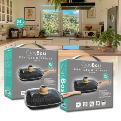 PADELLA PENTOLA QUADRATA CON MANICO COPERCHIO VETRO 24CM 1.03LT ANTIADERENTE T-9478