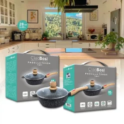 PADELLA TONDA CON MANICO IN LEGNO COPERCHIO IN VETRO 28CM 3,45LT CUCINA T-9477