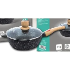 PADELLA TONDA CON MANICO IN LEGNO COPERCHIO IN VETRO 28CM 3,45LT CUCINA T-9477
