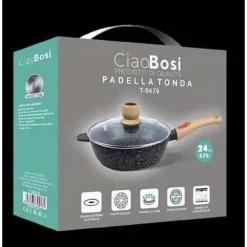 PADELLA TONDA T-9476 CUCINA 24CM 2.75LT CON MANICO COPERCHIO PER PIANO COTTURA