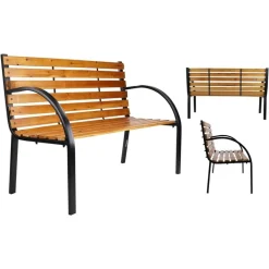 PANCHINA DA PARCO PANCA CON BRACCIOLI IN METALLO LEGNO MARRONE 122X60X81CM ARREDO GIARDINO