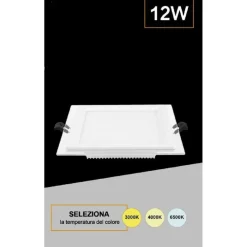 PANNELLO LED SLIM QUADRATO INCASSO CORNICE VETRO 12W CCT 3000K 4000K 6500K P125E-Q3C
