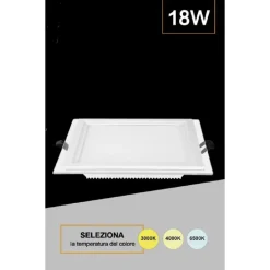 PANNELLO LED SLIM QUADRATO INCASSO CORNICE VETRO 18W CCT 3000K 6500K 4000K P165E-Q3C