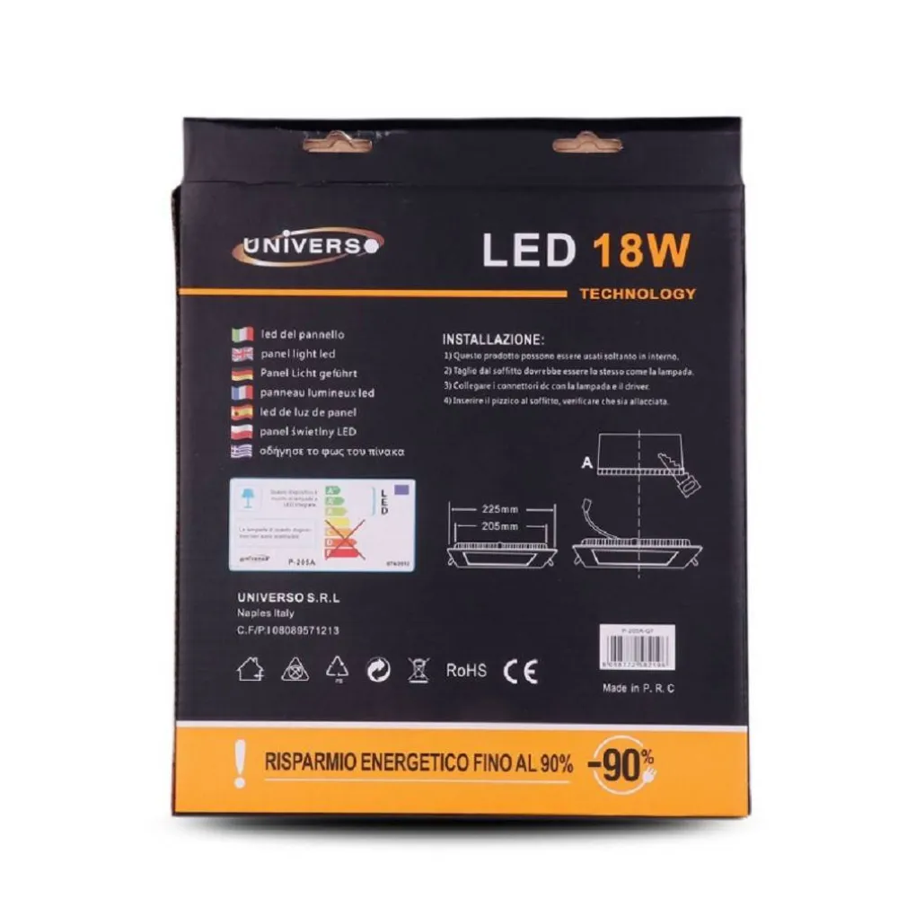 PANNELLO LED SLIM 18W INCASSO QUADRATO IN PVC LUCE CALDO FREDDO NATURALE P205AQ