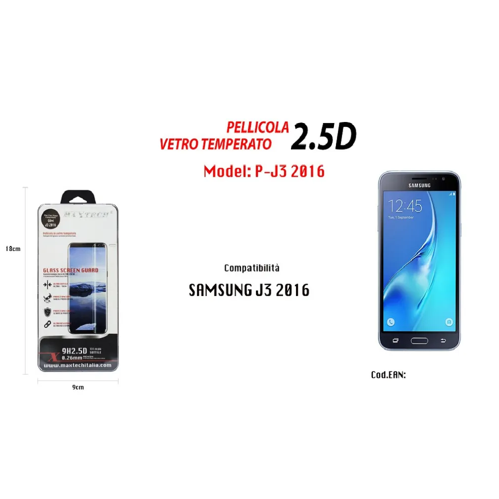 PELLICOLA IN VETRO TEMPERATO MAXTECH PER SAMSUNG GALAXY J3 2016 P-J3 2016