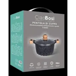 PENTOLA TEGAME PER ZUPPA RIVESTITO IN GRANITO CON COPERCHIO VETRO 24 CM T-9482