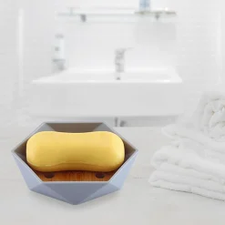 PIATTINO PORTA SAPONE SAPONETTA FORMA ESAGONALE GEOMETRICO GRIGIO LEGNO DA BAGNO 10848