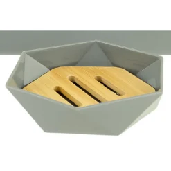 PIATTINO PORTA SAPONE SAPONETTA FORMA ESAGONALE GEOMETRICO GRIGIO LEGNO DA BAGNO 10848