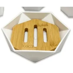 PIATTINO PORTA SAPONE SAPONETTA FORMA ESAGONALE GEOMETRICO BIANCO LEGNO DA BAGNO 10838