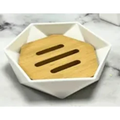 PIATTINO PORTA SAPONE SAPONETTA FORMA ESAGONALE GEOMETRICO BIANCO LEGNO DA BAGNO 10838
