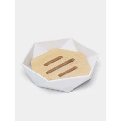 PIATTINO PORTA SAPONE SAPONETTA FORMA ESAGONALE GEOMETRICO BIANCO LEGNO DA BAGNO 10838