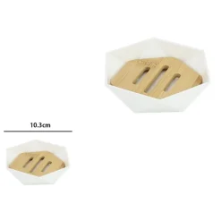 PIATTINO PORTA SAPONE SAPONETTA FORMA ESAGONALE GEOMETRICO BIANCO LEGNO DA BAGNO 10838