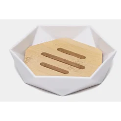 PIATTINO PORTA SAPONE SAPONETTA FORMA ESAGONALE GEOMETRICO BIANCO LEGNO DA BAGNO 10838