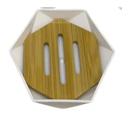 PIATTINO PORTA SAPONE SAPONETTA FORMA ESAGONALE GEOMETRICO BIANCO LEGNO DA BAGNO 10838