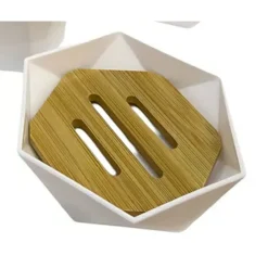 PIATTINO PORTA SAPONE SAPONETTA FORMA ESAGONALE GEOMETRICO BIANCO LEGNO DA BAGNO 10838