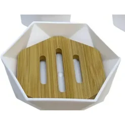 PIATTINO PORTA SAPONE SAPONETTA FORMA ESAGONALE GEOMETRICO BIANCO LEGNO DA BAGNO 10838