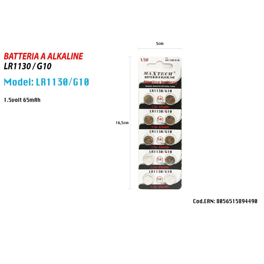 PILE ALKALINE LR1130/G10 1.5V BATTERIE BOTTONE 65MAH TELECOMANDI OROLOGI MAXTECH