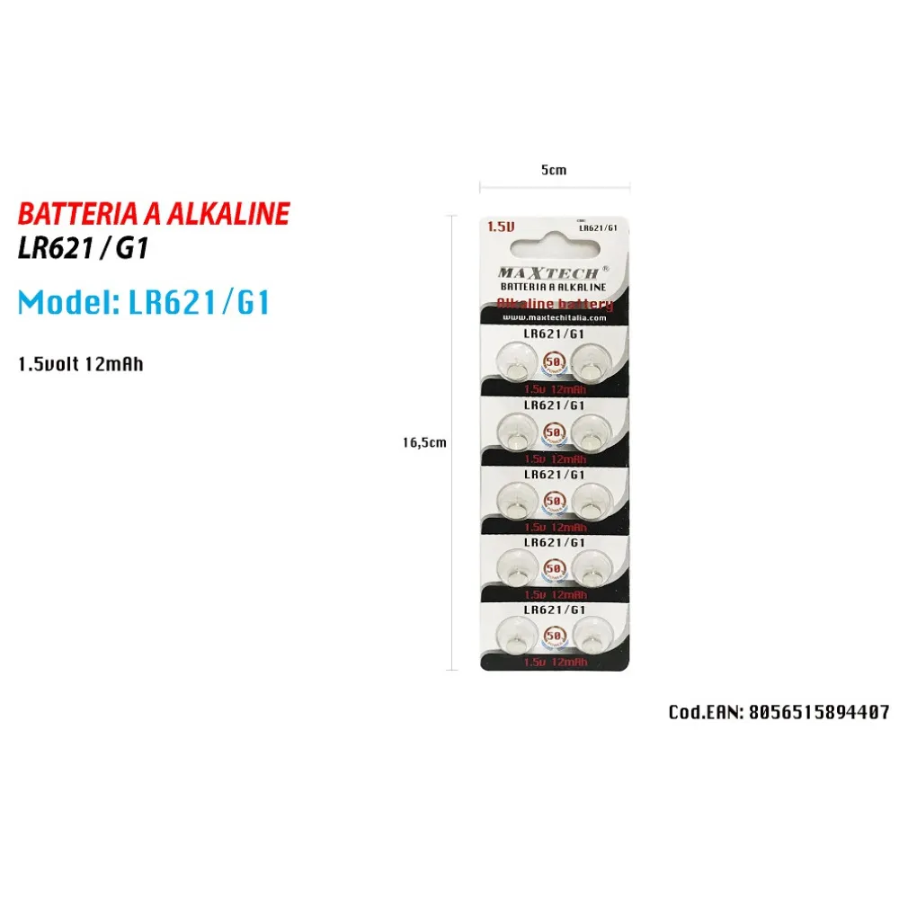 PILE ALKALINE LR621/G1 1.5V 12MAH BATTERIE BOTTONE TELECOMANDI OROLOGI MAXTECH