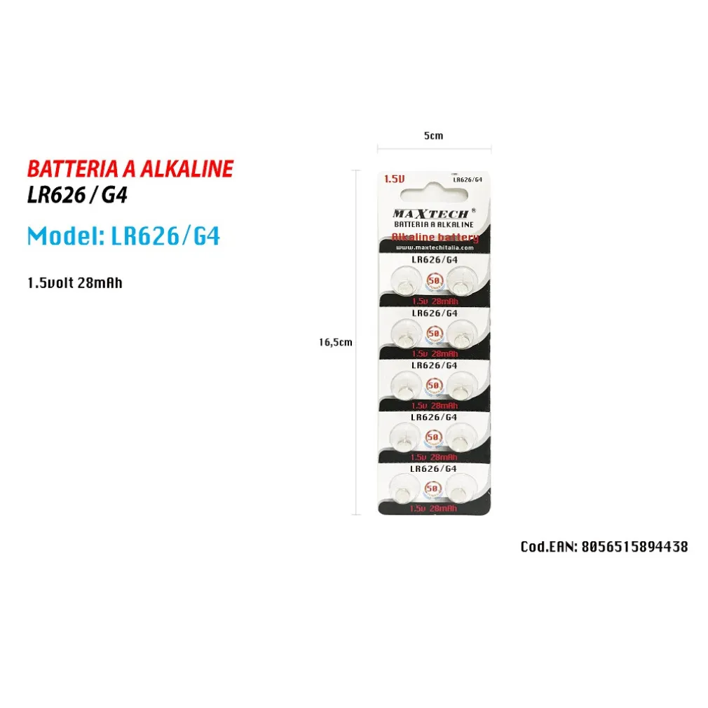 PILE BATTERIA ALKALINE LR626/G4 1.5V 28MAH A BOTTONE OROLOGI TELECOMANDI MAXTECH