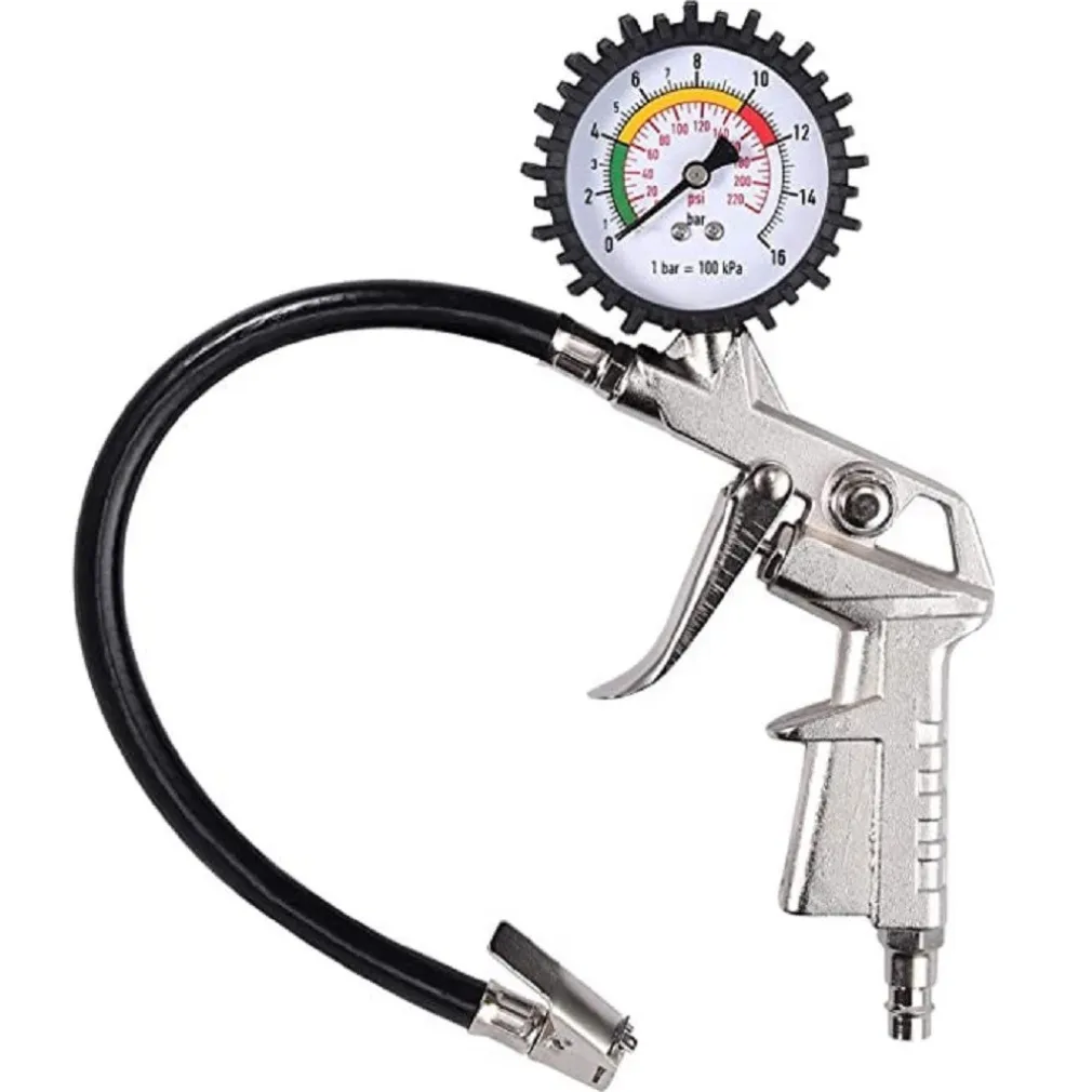 PISTOLA MANOMETRO PER GONFIAGGIO MISURA PRESSIONE GOMME AUTO MOTO BICI PSI/BAR TUBO 30CM