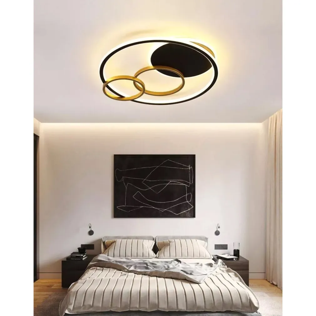 PLAFONIERA LED 55W TONDO CON CERCHI NERO ORO LAMPADA DA SOFFITTO LUCE 4000K 70876