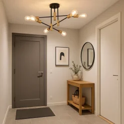 PLAFONIERA SOFFITTO DESIGN INDUSTRIALE MODERNA NERO ORO 6 PORTALAMPADA ATTACCO E27 PN-14