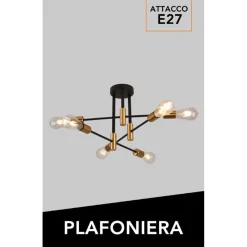 PLAFONIERA SOFFITTO DESIGN INDUSTRIALE MODERNA NERO ORO 6 PORTALAMPADA ATTACCO E27 PN-14