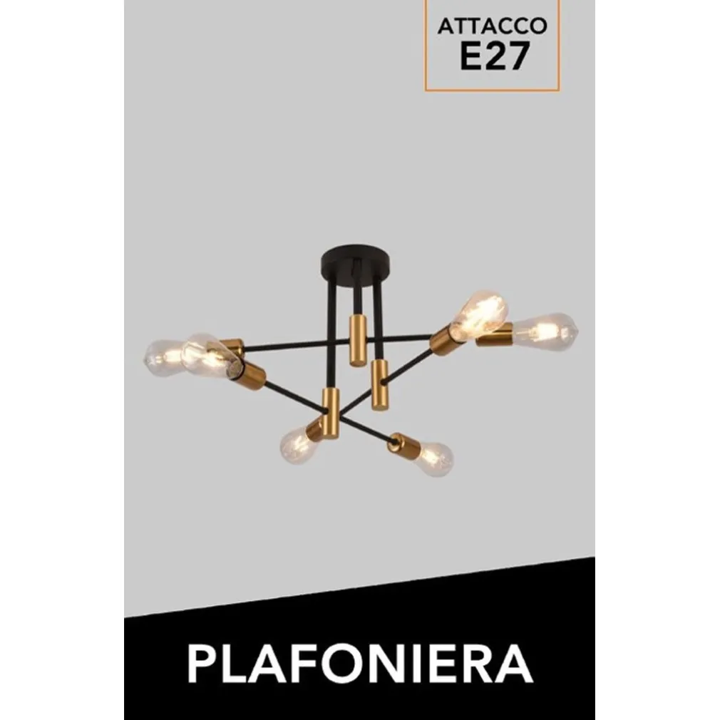 PLAFONIERA SOFFITTO DESIGN INDUSTRIALE MODERNA NERO ORO 6 PORTALAMPADA ATTACCO E27 PN-14