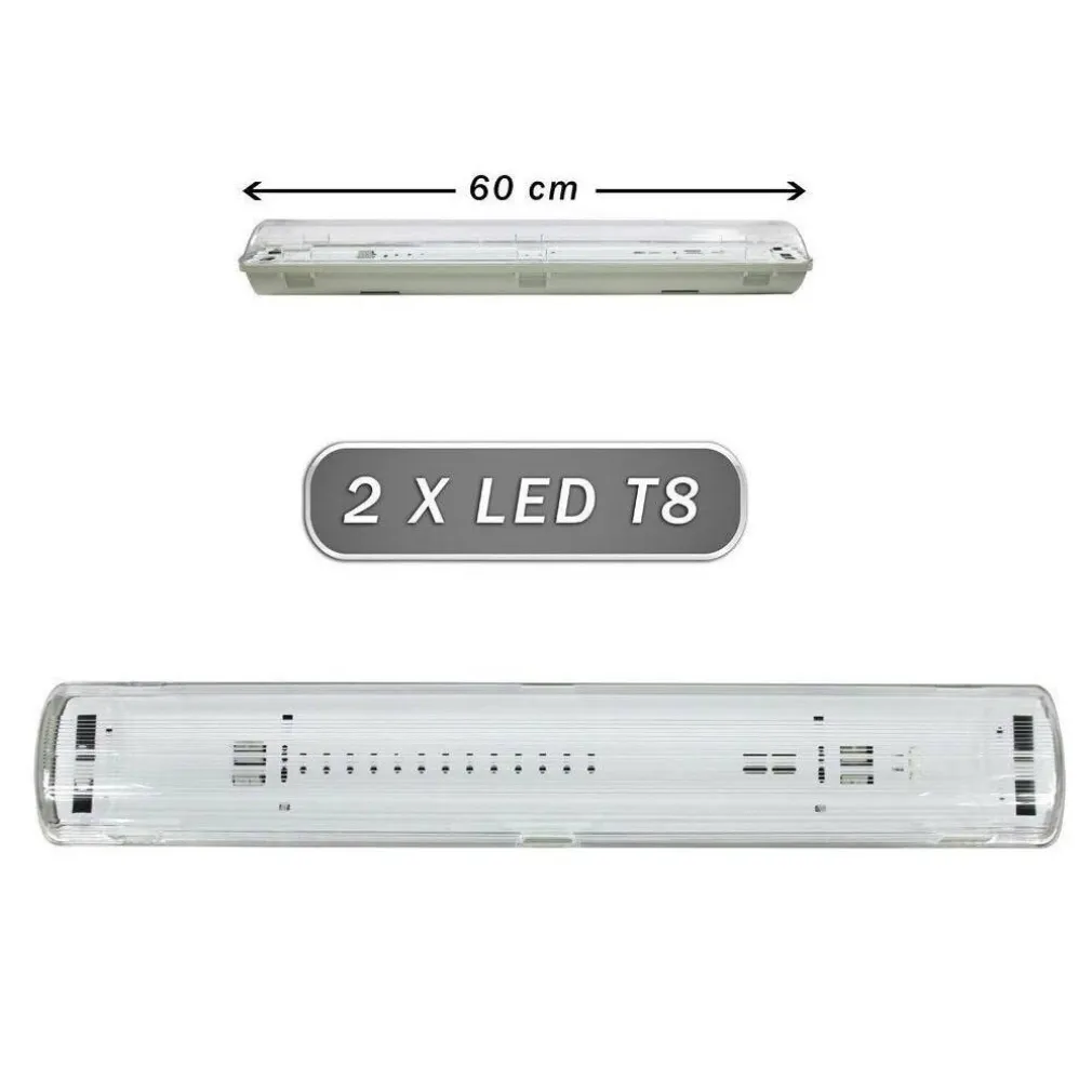 PLAFONIERA STAGNA 2 NEON LED TUBO T8 G13 60 CM DA PARETE SOFFITTO IP65 T8-60S