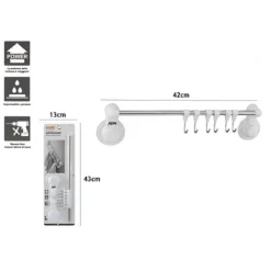 PORTA ASCIUGAMANI CON 6 GANCI APPENDINI FISSAGGIO PARETE VENTOSA BAGNO 42CM 59550